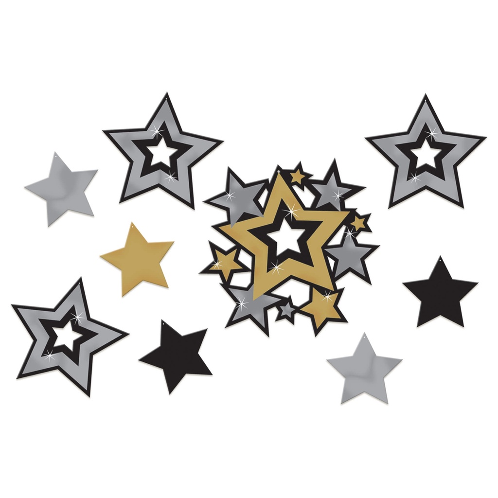 Assorted Star Cutouts Negro / Plata / Dorado C/30