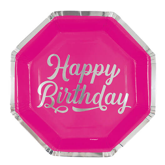 Plato Hexagonal  9" Silver & Bright Happy Birthday C/8