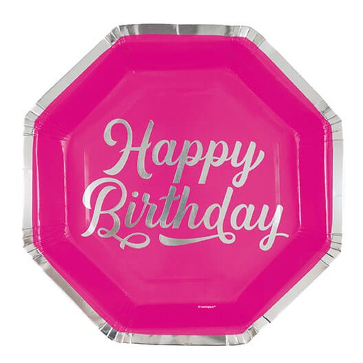 [30.13125] Plato Hexagonal  9" Silver & Bright Happy Birthday C/8