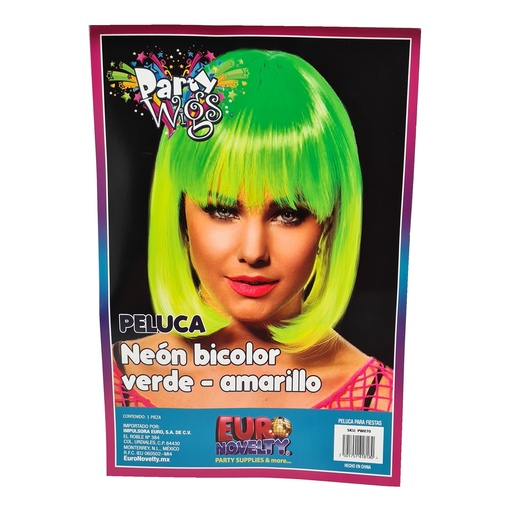 [69.PW070] Peluca Neon Bicolor Verde - Amarillo C/1