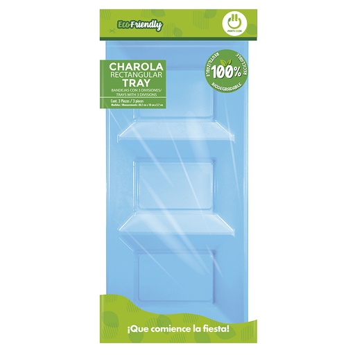 [54.07754] Charola Rectangular Con Division Azul C/3