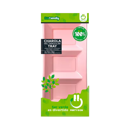 [54.07759] Charola Rectangular Con Division Rosa Claro C/3