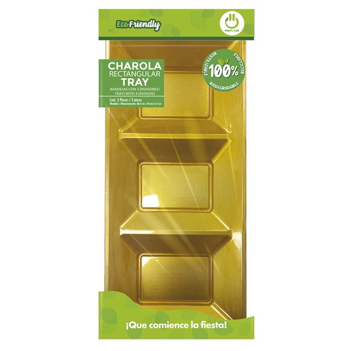 [54.07762] Charola Rectangular Con Division Oro C/3